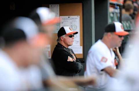 BALTIMORE, MD – AUGUST 23: Manager Buck Showalter #26 of the Baltimore Orioles watches the game against the Oakland Athletics at Oriole Park at Camden Yards on August 23, 2017 in Baltimore, Maryland. (Photo by G Fiume/Getty Images)