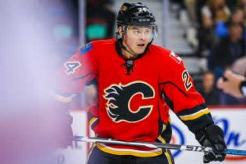 Feb 5, 2016; Calgary, Alberta, CAN; Calgary Flames left wing Jiri Hudler (24) against the Columbus Blue Jackets after scoring his goal during the first period at Scotiabank Saddledome. Mandatory Credit: Sergei Belski-USA TODAY Sports