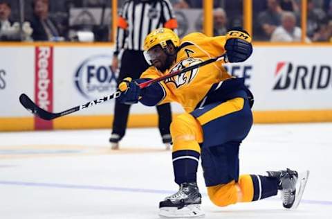 Oct 4, 2016; Nashville, TN, USA; Nashville Predators defenseman P.K. Subban (76) attempts a one-timer in the third period during a preseason hockey game against the Columbus Blue Jackets at Bridgestone Arena. Mandatory Credit: Christopher Hanewinckel-USA TODAY Sports