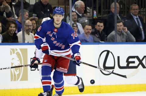 NEW YORK, NEW YORK – OCTOBER 23: Vitali Kravtsov #74 of the New York Rangers skates against the Columbus Blue Jackets at Madison Square Garden on October 23, 2022, in New York City. The Blue Jackets defeated the Rangers 5-1. (Photo by Bruce Bennett/Getty Images)