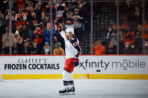 PHILADELPHIA, PENNSYLVANIA – JANUARY 20: Jakub Voracek #93 of the Columbus Blue Jackets during the first period of the game against the Philadelphia Flyers at Wells Fargo Center on January 20, 2022 in Philadelphia, Pennsylvania. (Photo by Tim Nwachukwu/Getty Images)