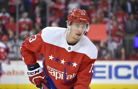 WASHINGTON, DC – MARCH 26: Washington Capitals left wing Jakub Vrana (13) looks at the crowd during warm ups before the Carolina Hurricanes vs. Washington Capitals NHL game March 26, 2019 at Capital One Arena in Washington, D.C.. (Photo by Randy Litzinger/Icon Sportswire via Getty Images)