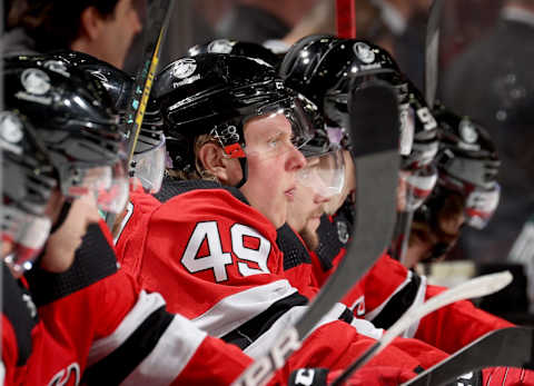 Fabian Zetterlund #49 of the New Jersey Devils. (Photo by Elsa/Getty Images)