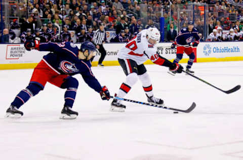 COLUMBUS, OH – MARCH 17: Oliver Bjorkstrand #28 of the Columbus Blue Jackets attempts to steal the puck from Jim O’Brien #40 of the Ottawa Senators during the second period on March 17, 2018 at Nationwide Arena in Columbus, Ohio. (Photo by Kirk Irwin/Getty Images)