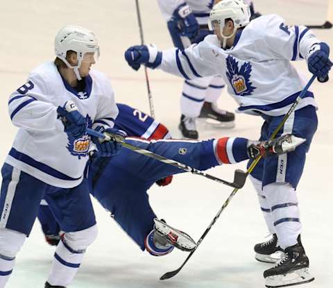 Amerks Andrew MacWilliam (2) takes a big during Calder Cup Playoffs against the Toronto Marlies.Amerks19 5