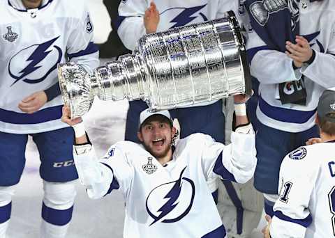 Anthony Cirelli #71 of the Tampa Bay Lightning skates with the Stanley Cup . He has been rumored to be bound for the New York Rangers (Photo by Bruce Bennett/Getty Images)