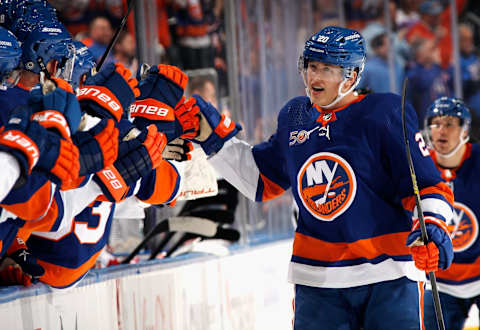 Hudson Fasching #20 of the New York Islanders. (Photo by Bruce Bennett/Getty Images)