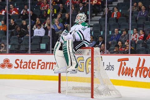 CALGARY, AB – NOVEMBER 14: Kari Lehtonen #32 of the Dallas Stars jumps onto the top of the goal to take a seat during a break in play against the Calgary Flames during an NHL game at Scotiabank Saddledome on November 14, 2013 in Calgary, Alberta, Canada. (Photo by Derek Leung/Getty Images)