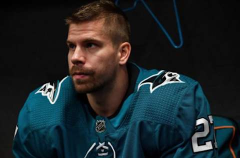 SAN JOSE, CA – APRIL 12: Joonas Donskoi #27 of the San Jose Sharks prepares to take the ice for warmups against the Vegas Golden Knights in Game Two of the Western Conference First Round during the 2019 NHL Stanley Cup Playoffs at SAP Center on April 12, 2019 in San Jose, California (Photo by Brandon Magnus/NHLI via Getty Images)