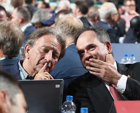 DALLAS, TX – JUNE 22: Eugene Melynk and Pierre Dorion of the Ottawa Senators attend the first round of the 2018 NHL Draft at American Airlines Center on June 22, 2018 in Dallas, Texas. (Photo by Bruce Bennett/Getty Images)