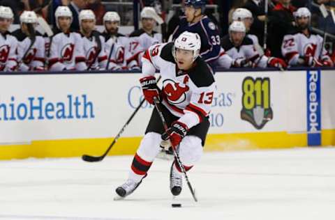 Feb 4, 2017; Columbus, OH, USA; New Jersey Devils left wing Michael Cammalleri (13) looks to pass during the first period against the Columbus Blue Jackets at Nationwide Arena. Mandatory Credit: Russell LaBounty-USA TODAY Sports