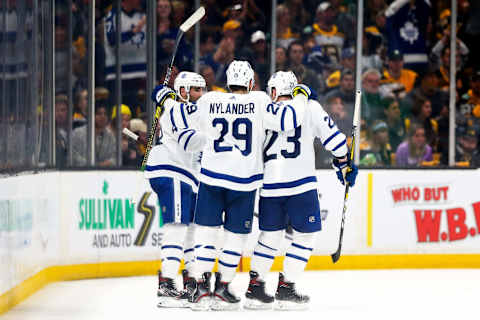 BOSTON, MA – APRIL 13: Nazem Kadri #43 of the Toronto Maple Leafs celebrates after scoring in the third period of a game against the Boston Bruins in Game Two of the Eastern Conference First Round during the 2019 NHL Stanley Cup Playoffs at TD Garden on April 13, 2019 in Boston, Massachusetts. (Photo by Adam Glanzman/Getty Images)