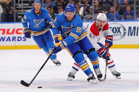 Vladimir Tarasenko #91 of the St. Louis Blues moves the puck up ice. (Photo by Dilip Vishwanat/Getty Images)