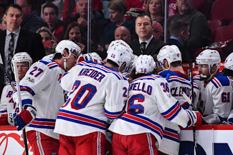 MONTREAL, QC – JANUARY 14: Head coach of the New York Rangers Alain Vigneault calls a timeout to regroup his team in the third period during the NHL game against the Montreal Canadiens at the Bell Centre on January 14, 2017 in Montreal, Quebec, Canada. The Montreal Canadiens defeated the New York Rangers 5-4. (Photo by Minas Panagiotakis/Getty Images)