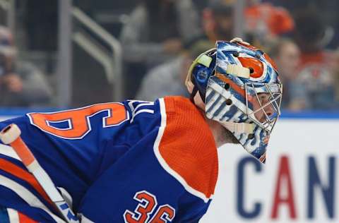 EDMONTON, CANADA - OCTOBER 03: Jack Campbell #36 of the Edmonton Oilers tends net against the Vancouver Canucks on October 3, 2022 at Rogers Place in Edmonton, Alberta, Canada. (Photo by Lawrence Scott/Getty Images)