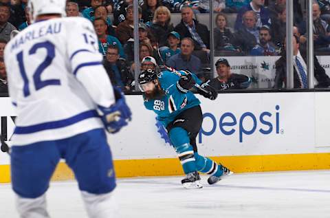 SAN JOSE, CA – OCTOBER 30: Brent Burns #88 of the San Jose Sharks shoots the puck against the Toronto Maple Leafs at SAP Center on October 30, 2017 in San Jose, California. (Photo by Rocky W. Widner/NHL/Getty Images)