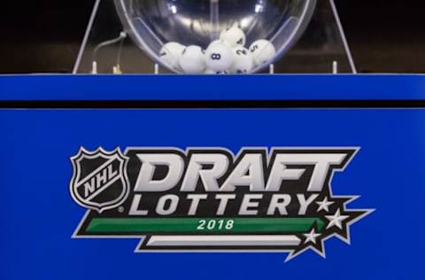 TORONTO, ON – APRIL 28: General view of the lottery machine at the NHL Draft Lottery at the CBC Studios on April 28, 2018 in Toronto, Ontario, Canada. (Photo by Kevin Sousa/NHLI via Getty Images)