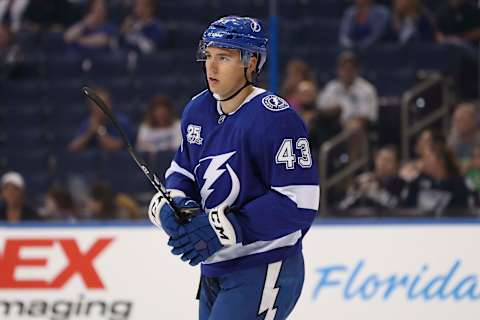 TAMPA, FL – SEPTEMBER 19: Tampa Bay Lightning defenseman Libor Hajek (43) during the NHL preseason game between the Carolina Hurricanes and Tampa Bay Lightning on September 19, 2017, at Amalie Arena in Tampa, FL. (Photo by Mark LoMoglio/Icon Sportswire via Getty Images)