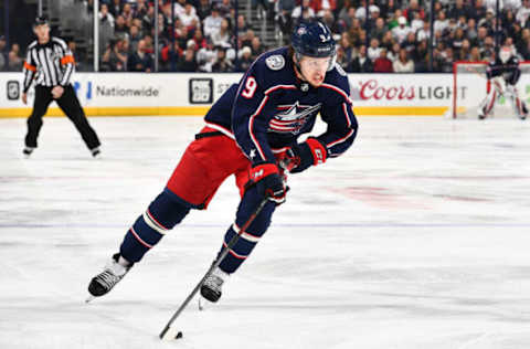 COLUMBUS, OH – APRIL 23: Artemi Panarin #9 of the Columbus Blue Jackets skates against the Washington Capitals in Game Six of the Eastern Conference First Round during the 2018 NHL Stanley Cup Playoffs on April 23, 2018 at Nationwide Arena in Columbus, Ohio. (Photo by Jamie Sabau/NHLI via Getty Images) *** Local Caption *** Artemi Panarin