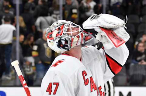 LAS VEGAS, NEVADA – FEBRUARY 08: The Carolina Hurricanes celebrate after defeating the Vegas Golden Knights in a shootout at T-Mobile Arena on February 08, 2020 in Las Vegas, Nevada. (Photo by Jeff Bottari/NHLI via Getty Images)