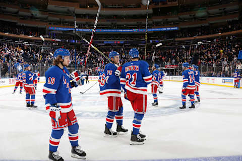 NEW YORK, NY – NOVEMBER 20: The New York Rangers salute the crowd after defeating the Washington Capitals at Madison Square Garden on November 20, 2019 in New York City. (Photo by Jared Silber/NHLI via Getty Images)