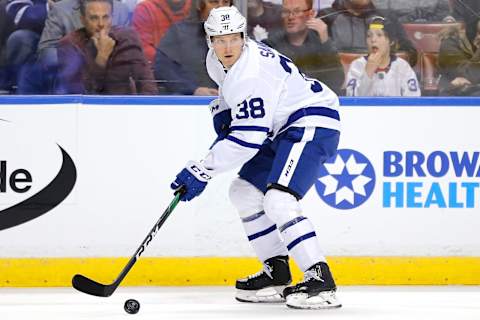 SUNRISE, FLORIDA – FEBRUARY 27: Rasmus Sandin #38 of the Toronto Maple Leafs. (Photo by Michael Reaves/Getty Images).