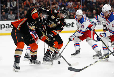 ANAHEIM, CA – NOVEMBER 01: Brett Howden #21 and Marc Staal #18 of the New York Rangers battle Adam Henrique #14 and Isac Lundestrom #48 of the Anaheim Ducks during the third period of a game at Honda Center on November 1, 2018, in Anaheim, California. (Photo by Sean M. Haffey/Getty Images)