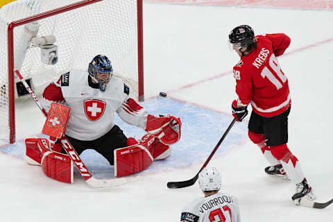 Peyton Krebs #18 of Canada. (Photo by Codie McLachlan/Getty Images)