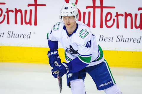 Apr 23, 2022; Calgary, Alberta, CAN; Vancouver Canucks center Elias Pettersson (40) skates during the warmup period against the Calgary Flames at Scotiabank Saddledome. Mandatory Credit: Sergei Belski-USA TODAY Sports