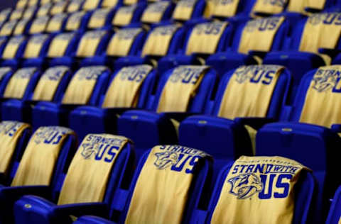 Apr 19, 2016; Nashville, TN, USA; General view of shirts given out to all fans prior to game three of the first round of the 2016 Stanley Cup Playoffs at Bridgestone Arena. Mandatory Credit: Christopher Hanewinckel-USA TODAY Sports