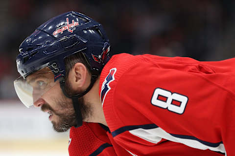 WASHINGTON, DC – SEPTEMBER 18: Alex Ovechkin #8 of the Washington Capitals looks on against the St. Louis Blues during the second period of a preseason NHL game at Capital One Arena on September 18, 2019 in Washington, DC. (Photo by Patrick Smith/Getty Images)