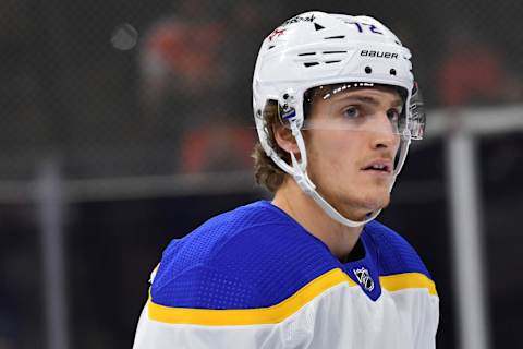 Apr 17, 2022; Philadelphia, Pennsylvania, USA; Buffalo Sabres right wing Tage Thompson (72) against the Philadelphia Flyers at Wells Fargo Center. Mandatory Credit: Eric Hartline-USA TODAY Sports