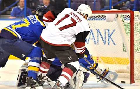 Dec 8, 2015; St. Louis, MO, USA; Arizona Coyotes right wing Steve Downie (17) scores a goal past St. Louis Blues goalie Jake Allen (34) during the first period at Scottrade Center. Mandatory Credit: Jasen Vinlove-USA TODAY Sports