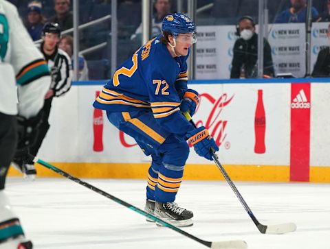 BUFFALO, NY – JANUARY 6: Tage Thompson #72 of the Buffalo Sabres skates up ice with the puck during the second period against the San Jose Sharks at KeyBank Center on January 6, 2022 in Buffalo, New York. (Photo by Kevin Hoffman/Getty Images)