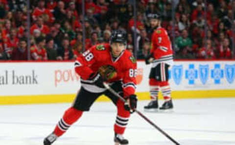 Mar 20, 2016; Chicago, IL, USA; Chicago Blackhawks right wing Patrick Kane (88) with the puck during the first period against the Minnesota Wild at the United Center. Mandatory Credit: Dennis Wierzbicki-USA TODAY Sports