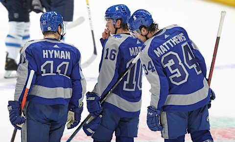 TORONTO, ON – MARCH 9: The Toronto Maple Leafs trio of Zach Hyman #11, Mitchell Marner #16, and Auston Matthews #34 . (Photo by Claus Andersen/Getty Images)