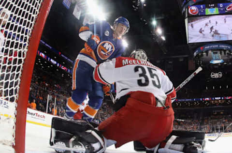 NEW YORK, NEW YORK – APRIL 28: Curtis McElhinney #35 of the Carolina Hurricanes tends net against the New York Islanders in Game Two of the Eastern Conference Second Round during the 2019 NHL Stanley Cup Playoffs at the Barclays Center on April 28, 2019 in the Brooklyn borough of New York City. The Hurricanes defeated the Islanders 2-1. (Photo by Bruce Bennett/Getty Images)