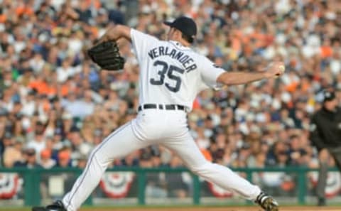 DETROIT, MI – OCTOBER 13: Justin Verlander #35 of the Detroit Tigers pitches against the Texas Rangers during Game Five of the American League Championship Series at Comerica Park on October 13, 2011 in Detroit, Michigan. The Tigers defeated the Rangers 7-5. (Photo by Mark Cunningham/MLB Photos via Getty Images)