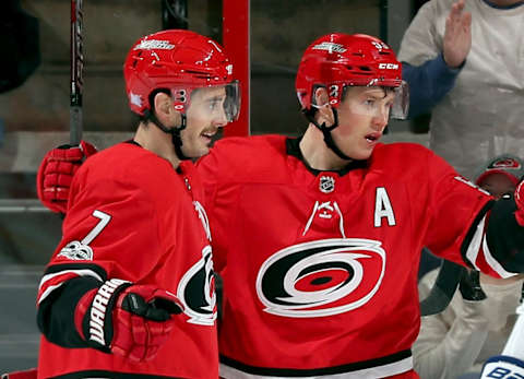 RALEIGH, NC – NOVEMBER 24: Derek Ryan #7 and Jeff Skinner #53 of the Carolina Hurricanes celebrate Ryan’s goal against the Toronto Maple Leafs during the second period of an NHL game on November 24, 2017 at PNC Arena in Raleigh, North Carolina. (Photo by Gregg Forwerck/NHLI via Getty Images)