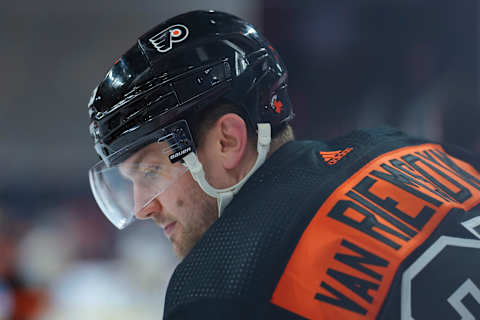 PHILADELPHIA, PA – APRIL 24: James van Riemsdyk #25 of the Philadelphia Flyers looks on prior to the game against the Pittsburgh Penguins at the Wells Fargo Center on April 24, 2022 in Philadelphia, Pennsylvania. The Philadelphia Flyers defeated the Pittsburgh Penguins 4-1. (Photo by Mitchell Leff/Getty Images)