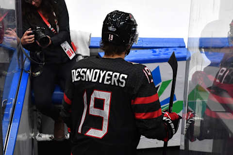 Flyers prospect Elliot Desnoyers walks to the ice prior to the game against Switzerland in the IIHF World Junior Championship. (Photo by Andy Devlin/ Getty Images)