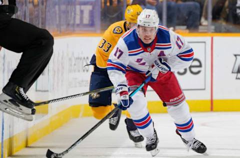 NASHVILLE, TN – DECEMBER 29: Jesper Fast #17 of the New York Rangers skates against the Nashville Predators at Bridgestone Arena on December 29, 2018 in Nashville, Tennessee. (Photo by John Russell/NHLI via Getty Images)