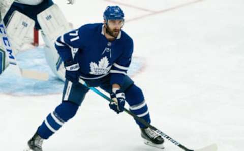 May 1, 2021; Toronto, Ontario, CAN; Toronto Maple Leafs left wing Nick Foligno (71) stands in front of the net during the first period against the Vancouver Canucks at Scotiabank Arena. Mandatory Credit: Nick Turchiaro-USA TODAY Sports