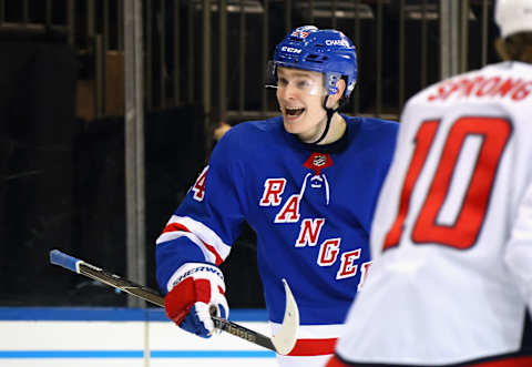 May 3, 2021; New York, New York, USA; Kaapo Kakko #24 of the New York Rangers celebrates his goal at 4:35 of the second period against the Washington Capitals at Madison Square Garden. Mandatory Credit: Bruce Bennett/POOL PHOTOS-USA TODAY Sports