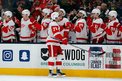 Nov 15, 2021; Columbus, Ohio, USA; Detroit Red Wings Dylan Larkin. Mandatory Credit: Russell LaBounty-USA TODAY Sports