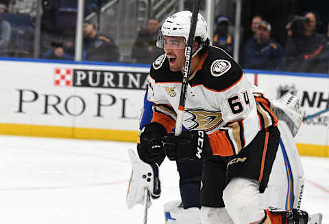 ST. LOUIS, MO – OCTOBER 14: Anaheim Ducks right wing Kiefer Sherwood (64) reacts after the Ducks score in the third period during an NHL game between the Anaheim Ducks and the St. Louis Blues on October 14, 2018, at Enterprise Center, St. Louis, MO. The Ducks beat the Blues, 3-2. (Photo by Keith Gillett/Icon Sportswire via Getty Images)