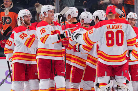 Blake Coleman #20, Noah Hanifin #55, Nikita Zadorov #16, Elias Lindholm #28, Kevin Rooney #21, Dan Vladar #80, Calgary Flames(Photo by Mitchell Leff/Getty Images)