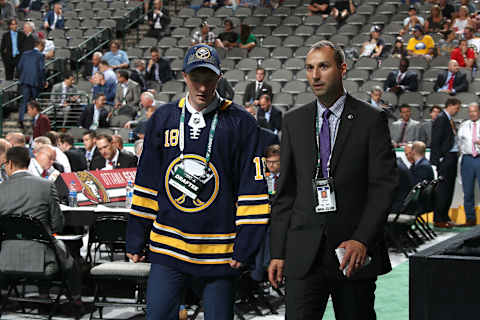 DALLAS, TX – JUNE 23: Miska Kukkonen reacts after being selected 125th overall by the Buffalo Sabres during the 2018 NHL Draft at American Airlines Center on June 23, 2018 in Dallas, Texas. (Photo by Bruce Bennett/Getty Images)