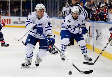 NEW YORK, NY – JANUARY 26: Leo Komarov #47 and Tyler Bozak #42 of the Toronto Maple Leafs  . (Photo by Jim McIsaac/Getty Images)