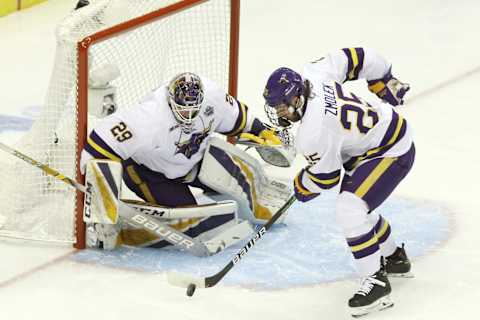 Apr 8, 2021; Pittsburgh, PA, USA; Minnesota State Mavericks goalie Dryden McKay. Mandatory Credit: Charles LeClaire-USA TODAY Sports